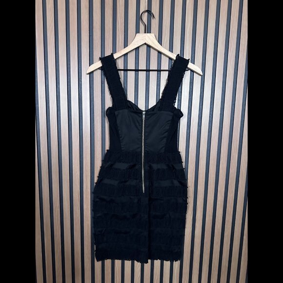 New H&M Dress 4 / S Womens Black Back Zip y2k Fringed Corset Sheath Stretch - Picture 2 of 6